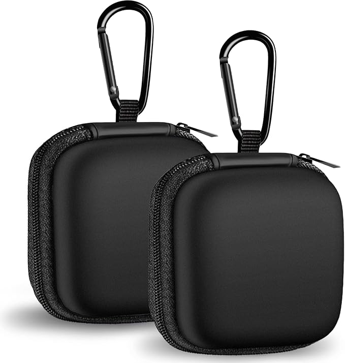 Square + Round Earbud Case Portable EVA Carrying Case Storage Bag Cell Phone Accessories Organizer with Carabiner for Earphone, Earbud, Earpieces, SD Memory Card, Camera Chips, Black * 2