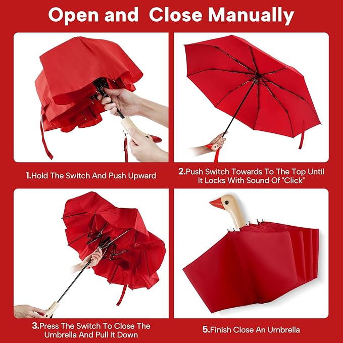 Compact Small Umbrellas for Rain&Sun, Cute Design Duck Head Umbrella for Girls Gifts, 8 Ribs Folding Umbrella with Wooden Handle