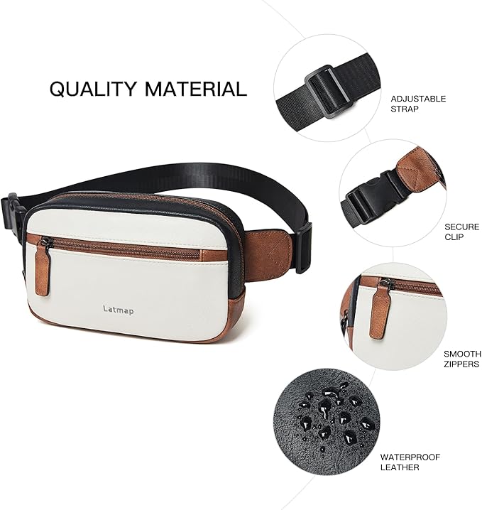 LATMAP 2L Fanny Packs Everywhere Belt Bag Small Fashion Crossbody Waist Pack Faux Leather Waterproof Sling Chest Bag For Women Black White