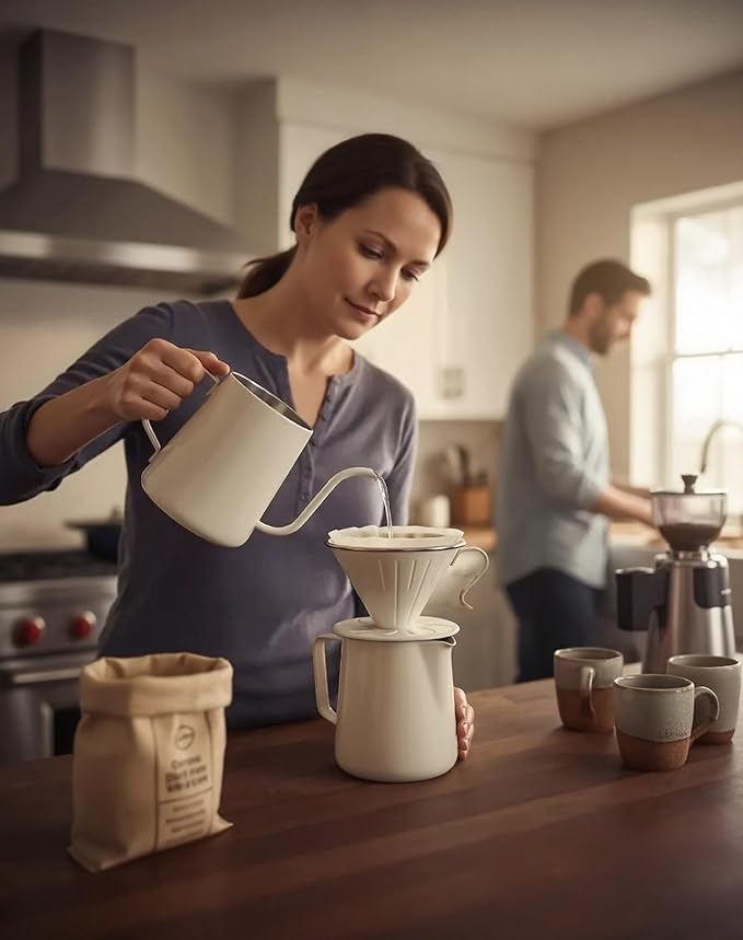 AGOGO Pour Over Coffee Maker Set - Unbreakable 304 Stainless Steel V60 Dripper & Server for Camping & Home, Includes 50 Paper Filters & Barista Towel - Cream White - 20oz