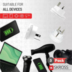 SKROSS World Travel Adapter Set 3-Pack — USA, UK & Europe Plug Adapters, Swiss-Engineered Country Travel Adapter Bundle, White