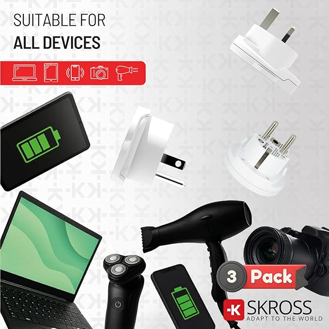 SKROSS World Travel Adapter Set 3-Pack — USA, UK & Europe Plug Adapters, Swiss-Engineered Country Travel Adapter Bundle, White