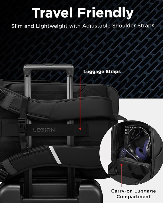 Lenovo Legion Gaming Laptop Backpack GB800, 21L Capacity, Fits 17-inch Laptops, Water Resistant, Three Main Compartments & 19 Specialiized Pockets, Black