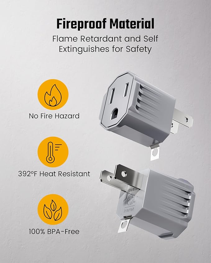 2 Prong to 3 Prong Outlet Adapter, ETL Listed 3-2 Prong Adapter, Fire-Retardant (392℉) PBT Material, Heavy Duty Wall Plug Adapter for Old Homes, Travel to Japan, Gray (Light Gray (4-Pack))