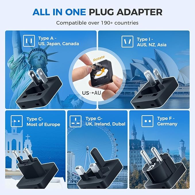 DOACE 100-240V to 100-120V Voltage Converter US to Europe for Hair Dryer - 2000W Converter for European Travel, Power Converter Adapter Combo with 2 PD/QC & UK/AU/US/IT/European Travel Plug Adapters