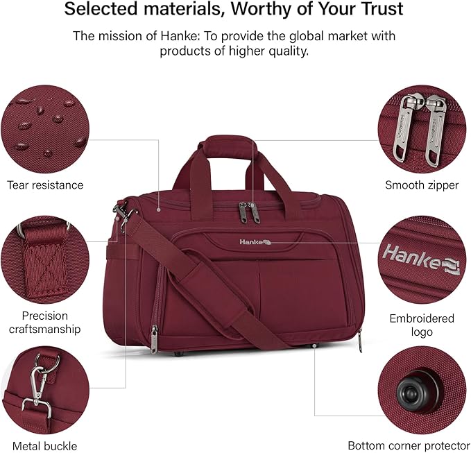 Hanke Small Travel Duffel Bag, Under Seat Carry On Personal Item Bag with 11 Pockets, Lightweight Water Resistant Foldable Weekender Bag with Trolley Sleeve for Travel Gym Daily Use（Burgundy）