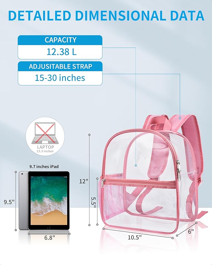 Paxiland Clear Backpack Stadium Approved 12×12×6 with Reinforced and Wider Shoulder Straps, Small Clear Bag for Schools, Concerts, Work, Festivals and Sporting Events - Pink