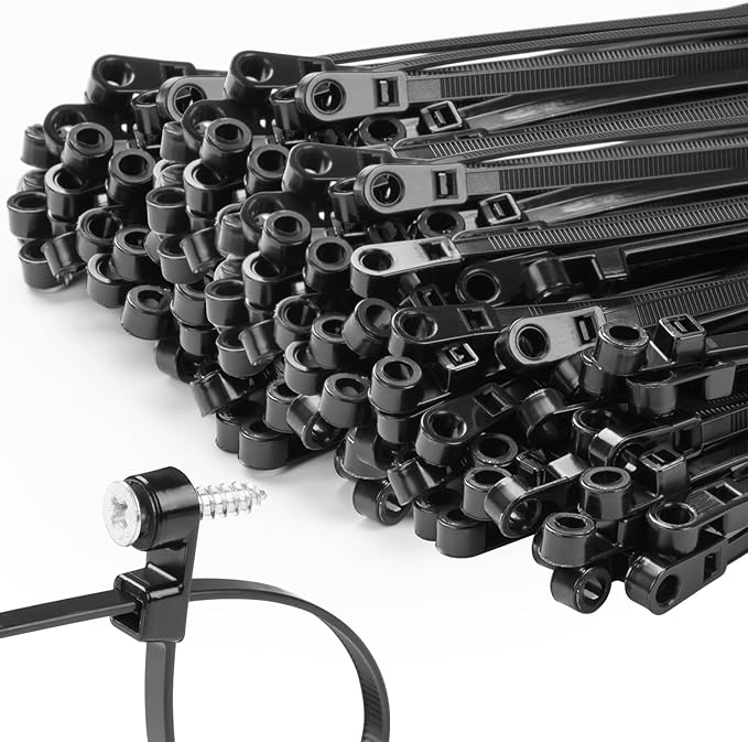 1000 PCS 8 inch Black Zip Ties with Screw Hole 70lbs Mountable head Cable Ties Straps Multipurpose Heavy Duty Nylon Cable Zip Ties with Screw Mounting Hole