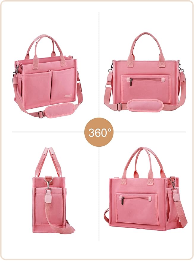 BESBESME Canvas Tote Bag for Women with Zipper & Compartments– Large Work & College Laptop Tote Crossbody Shoulder Bag