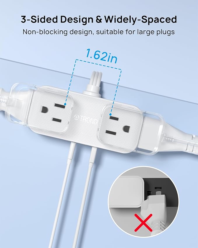 TROND Outlet Extender with 6 Inch Cord, Flat Plug Adapter with 4 Electrical Sockets and 4 USB Ports, Wall Mountable, Multi Plug Wall Outlet for Home Office Travel Dorm, Cruise Ship Essentials, White