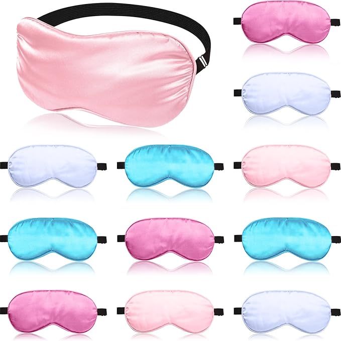 12 Pieces Silk Sleep Mask Pure Silk Sleep Eye Mask with Adjustable Strap Soft and Smooth Eye Cover for Sleeping Blocking Out Lights Men and Women(Assorted Colors)