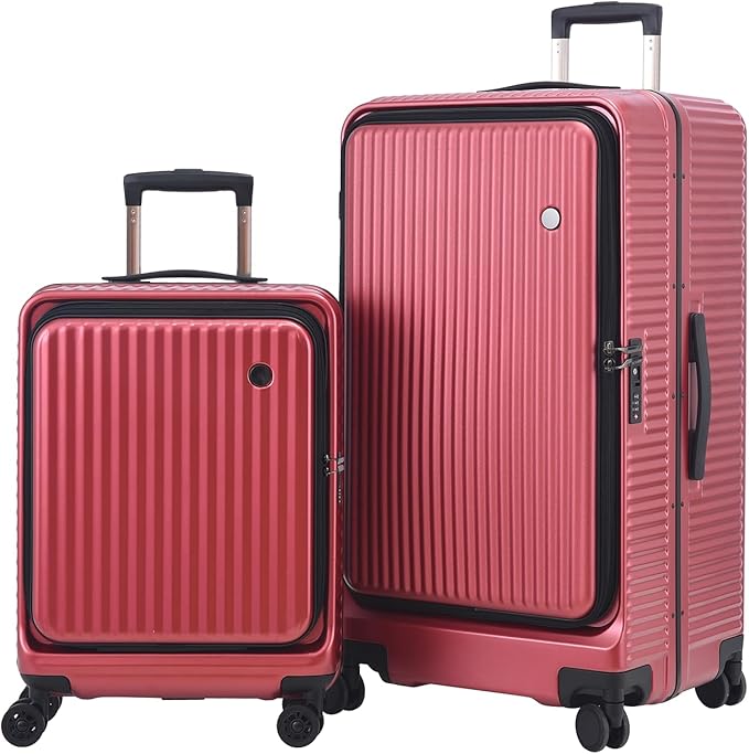 Kaleenie 2 pieces 20/29 Aluminum Frame Carry On and Checked Luggage Set with Side Opening, Lightweight Hardshell ABS+PC Trunk Suitcase with TSA Lock, 360° Universal Wheels & Adjustable Handle,Wine Red
