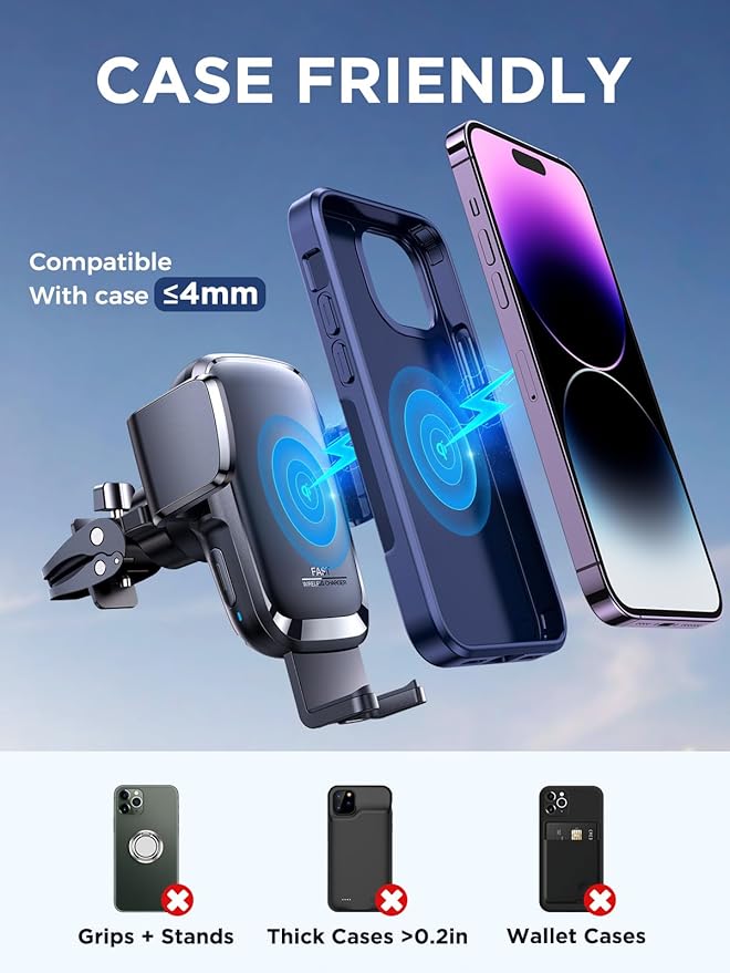 JOYROOM Wireless Car Charger, 15W Fast Charging Auto Clamping Car Phone Holder Charger, Air Vent Car Phone Holder Mount for iPhone 17/16/15 Pro Max Air, Galaxy S26/25 Ultra, Pixel 10 Pro and More
