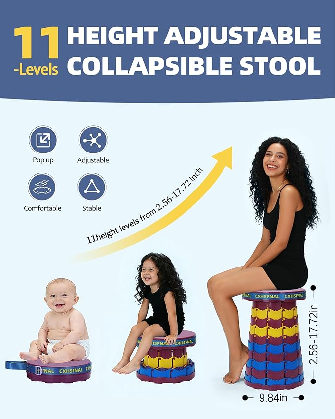 2 Pack Portable Collapsible Stools - Adjustable Folding Stool for Adults, Retractable Foldable Seat with Load Capacity 400lbs for Camping, Hiking, Fishing, Outdoor/Indoor, Multicolored