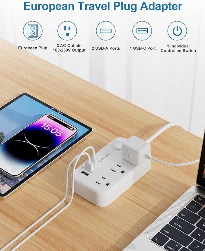 Type E F Plug Adapter, Germany France Travel Plug Adapter with 3 Outlets 3 USB Ports，Schuko Plug Power Adaptor for US to Europe EU Spain Iceland Korea Greece Norway Russia German French, 4ft