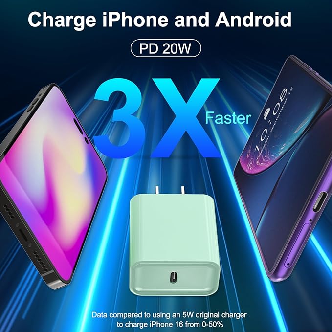 iPhone 17 16 15 Charger Fast Charging, 3 Pack PD 20W USB C Charger with 10FT Cord, USB C Cable Type C Chargers Block for iPhone 17/17 Pro/17 Pro Max/16/16 Plus/16 Pro/16 Pro Max/15/15 Pro（Green）