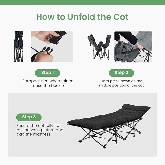 OLIXIS Folding Camping Cot, Rollaway Bed, Portable Camping Bed for Indoor & Outdoor, Sleeping Cot for Adults, 3.5'' Cushion, 440 lbs Sturdy Frame, Quick Setup, Compact Carry & Storage, Black