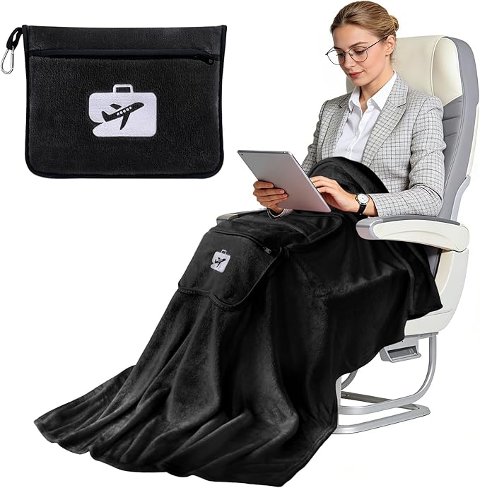 SINLAND Travel Pillow and Blanket 2-in-1 Set,Airplane Packable Bag,Soft and Lightweight Plane Flight Car Trips Travel Essentials Gift,Hand Luggage Sleeve and Backpack Clip,60x50 Inch Black