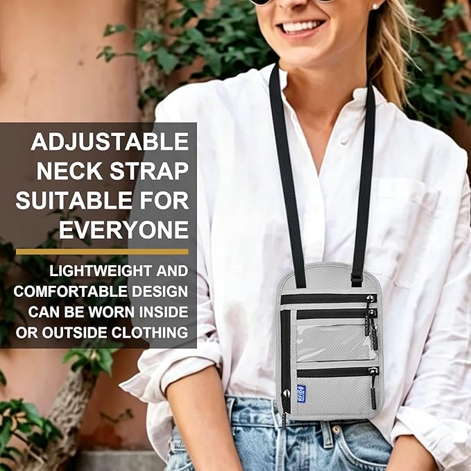 Neck Wallet with RFID Blocking - Hidden Travel Passport Holder Pouch | Concealed Under Clothing, Anti-Theft Security | Adjustable & Lightweight for Vacation, Airports