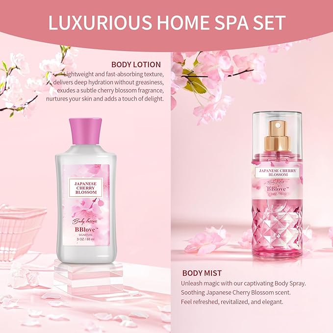 Bath and Body Gift Set for Women and Girls, 2PC Travel Size Self Care Spa Kit with Body Lotion and Body Mist Spray, Japanese Cherry Blossom Floral Scent, Gift for Teens Mom Bride Friends