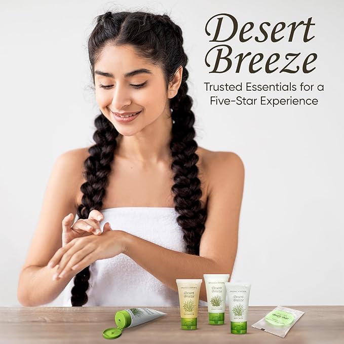 Travel Size Hotel Toiletry Set 300 Count 1 oz Bottles Guest Amenities for Vacation Rentals and Short Term Rentals Paraben Free Green Tea Lemongrass Scent Infused with Aloe and Olive Oil |Desert Breeze