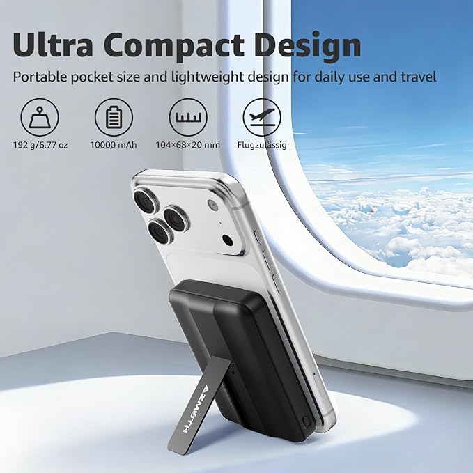 Azmuth Magnetic Power Bank,10000mAh for MagSafe Battery Pack, 22.5W PD Fast Charging,LED Display & Foldable Stand Wireless Portable Charger for iPhone 17/16/15/14/13/12/Pro/Pro Max/Plus,Deep Black