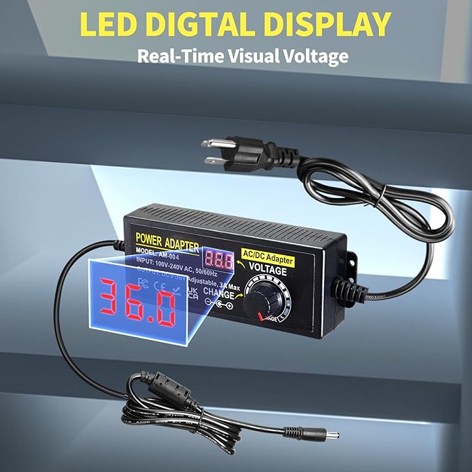 108W Universal Power Supply Adjustable DC 9~36V 3A Variable Switching Power AC/DC Adapter 9V 12V 15V 18V 20V 24V 36V Adapter100V-240V AC to DC Converter with 14 Tips & Polarity Converter & Test Leads