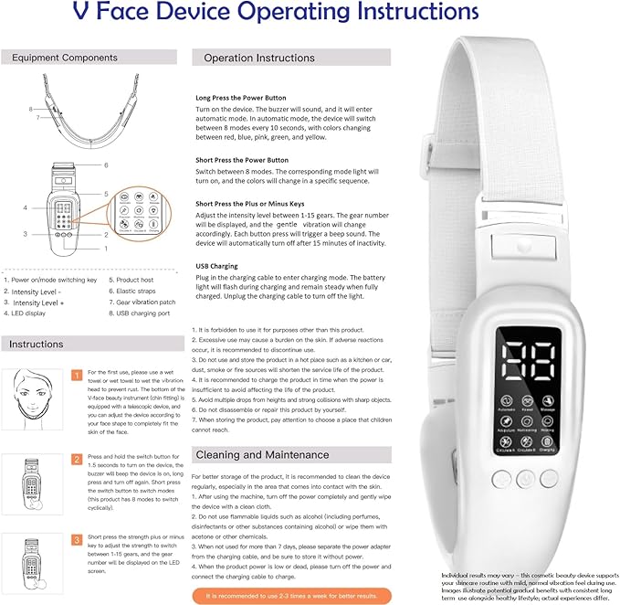 V-Face Machine and Electric Double Chin Device with 15 Gear Adjustable Intensities and 8 Modes – Intelligent Double Chin Machine for V-face. Free 3D Face Roller for Skin Care