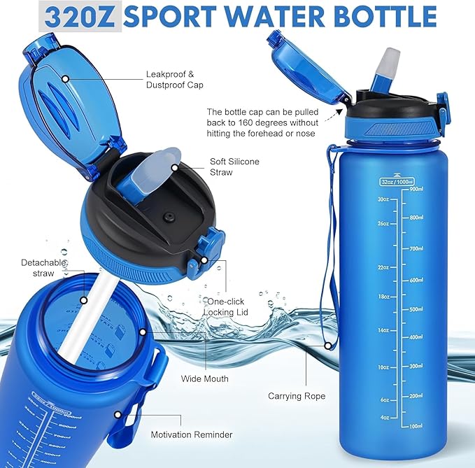 Water Bottle with Straw 1L,Boys Water Bottles with Straw 1 Litre,Waterbottle Leak-Proof Sports Water Bottle,Plastic Drinks Bottles Toxin Free，Bpa-Free (Dark Blue)