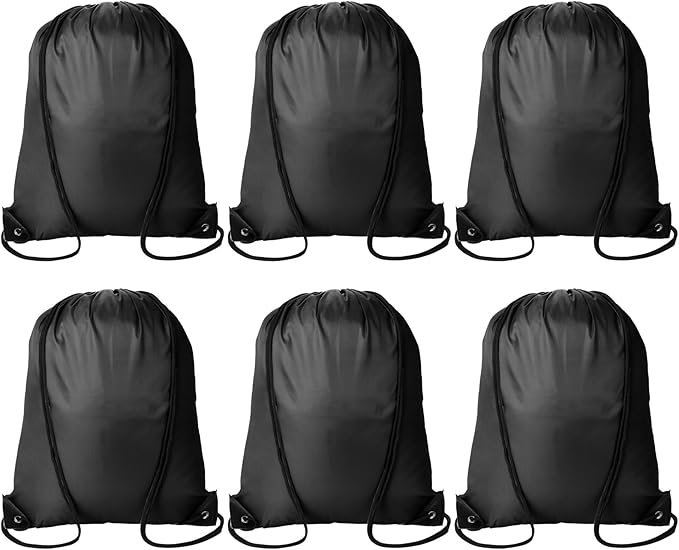 Kuhome 6Pcs Black Drawstring Backpacks Bulk String Bag Cinch Sack Pack Storage Knapsack Polyester Gift Bags Sports Drawstring Bags for Trip Party Gym Bags