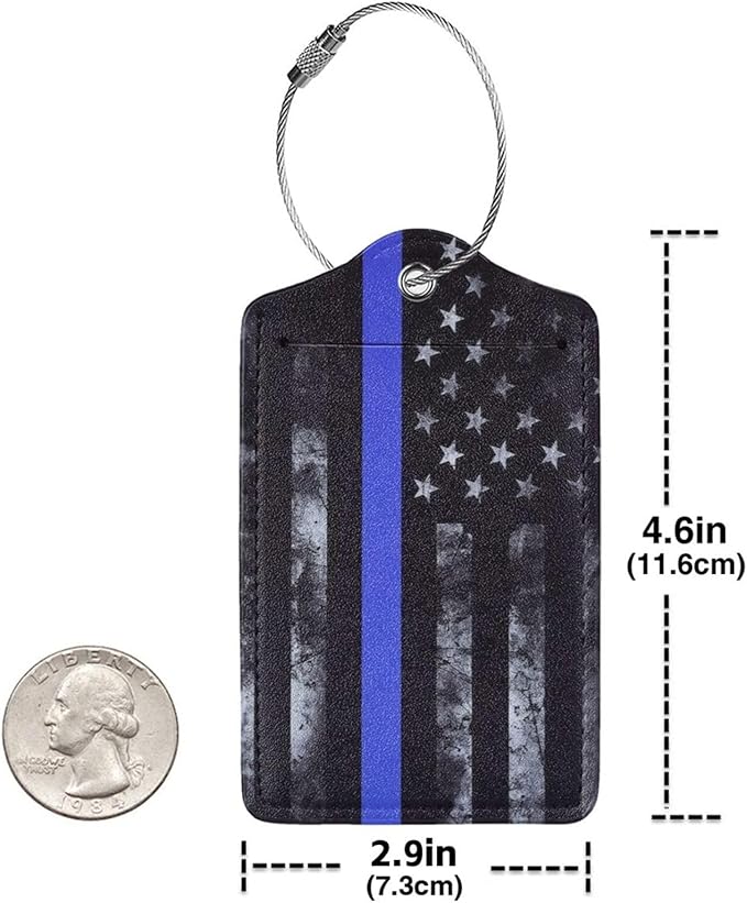 2 Pack Luggage Tags for Suitcases, PU Leather Bag Tag with Privacy Cover Address Card Travel Essentials-Blue Line American Flag