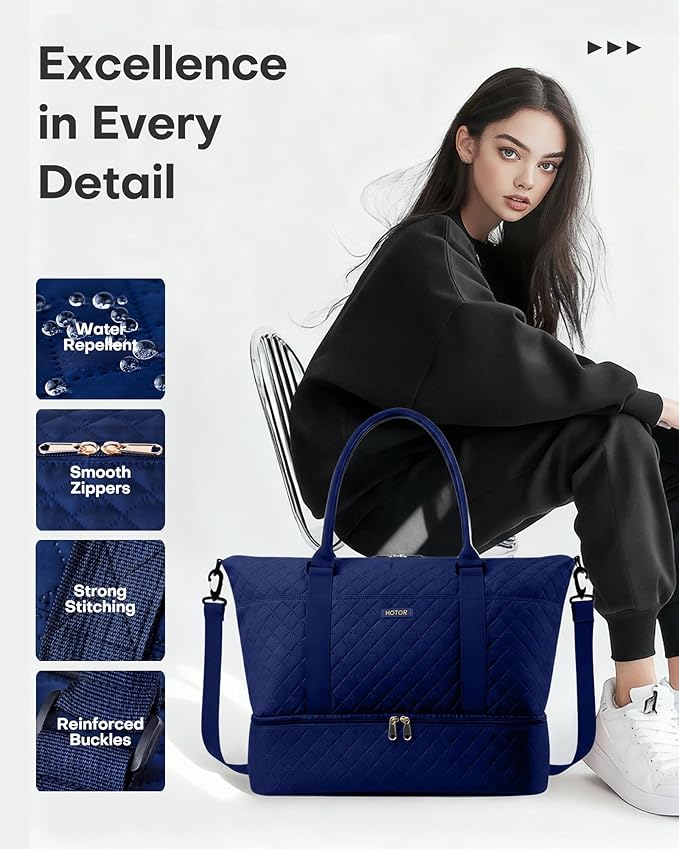 HOTOR Travel Duffel Bag - Weekender Bags for Women, Gym Tote Bags with Shoe Compartment, Carry On Overnight Bag with Toiletry Bag for Travel Essentials Travel Accessories, Dark Blue, 15.8"×18.1"×8.7"