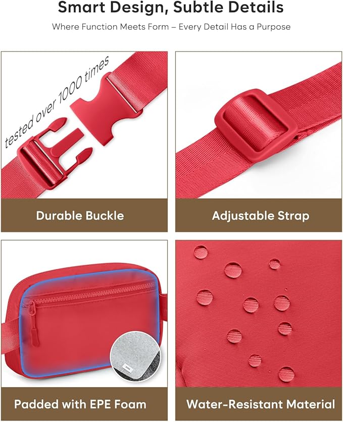Pritent Fanny Packs for Women Cross Body Bag Waterproof Belt Bag with Adjustable Strap and Zipper Back Pocket Small Crossbody Bags Fashion Waist Packs for Workout Travelling(Coral Red)