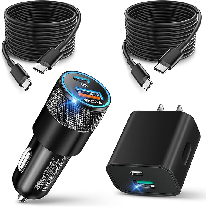 USB C Wall/Car Charger,38W Dual USB-C+USB-A Cigarette Lighter Adapter, 20W Fast Charging Block+2 X 6FT Type-C Cables for iPhone 16,16e,15,Samsung S25, S24 Ultra Pixel Cargador para Carro Plug