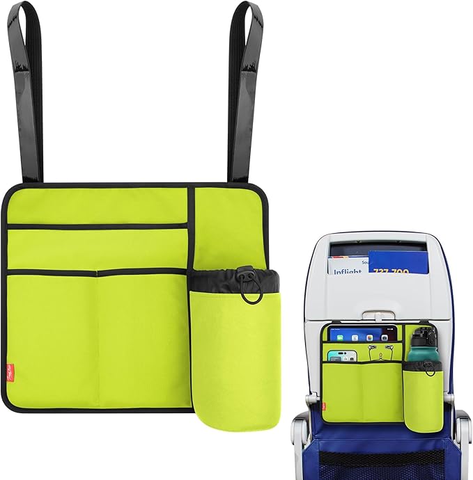 Airplane Seat Back Organizer & Storage, Airplane Tray Table Cover for Personal Items, Airline Seat Hanging Pockets Media Pouch,Reusable Travel Essentials,Fits Tablets,Cell Phone,Water Bottle (Green)