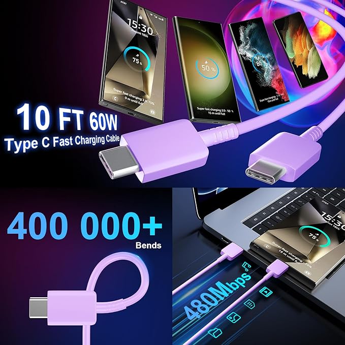 USB C Android Charger Fast Charging Cord, Super Fast Phone Chargers 10FT C to C Type Cable with 25W USBC Wall Block for Samsung Galaxy S26 S25 S24 Ultra Plus/S23/S22/S21/S20/Note 20/10, Purple