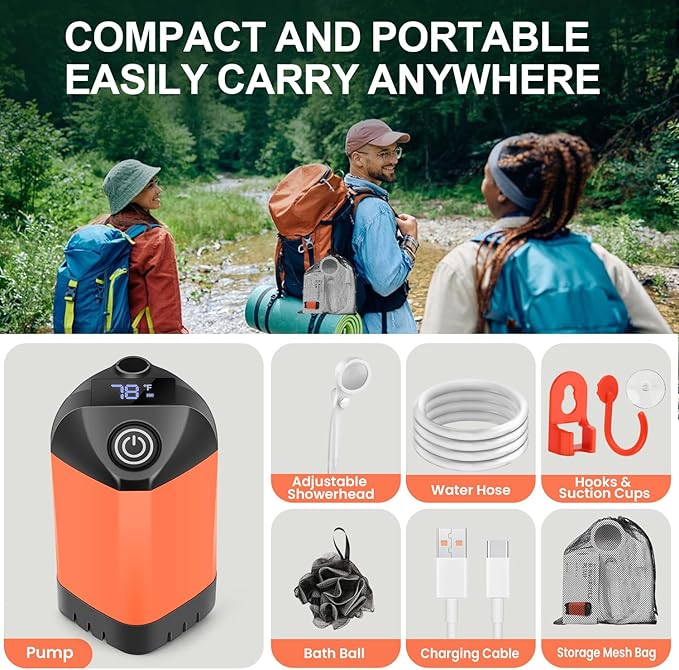 B013 Portable Shower Pump for Camping – 7800mAh Long-Lasting & Quiet Outdoor Shower with LED Display, IPX8 Waterproof Outdoor Shower for Pet Bath, Car Wash & RV