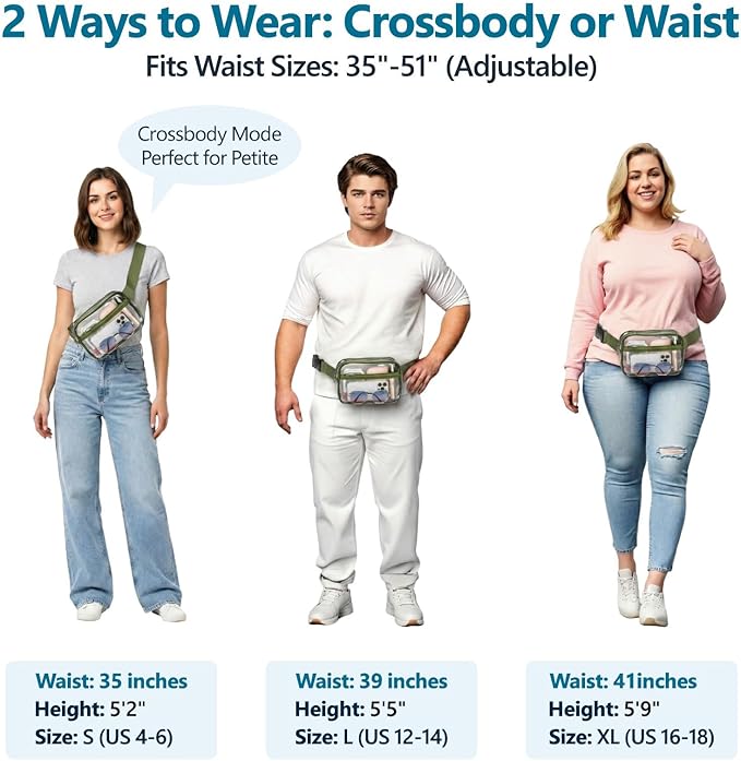 Veckle Clear Fanny Pack Stadium Approved - Plus Size 35-51 Inch Adjustable Strap Transparent Belt Bag for Women Men Fits 7.5" Smartphone, Crossbody Clear Bag for Stadium Events Sports Concerts, Green