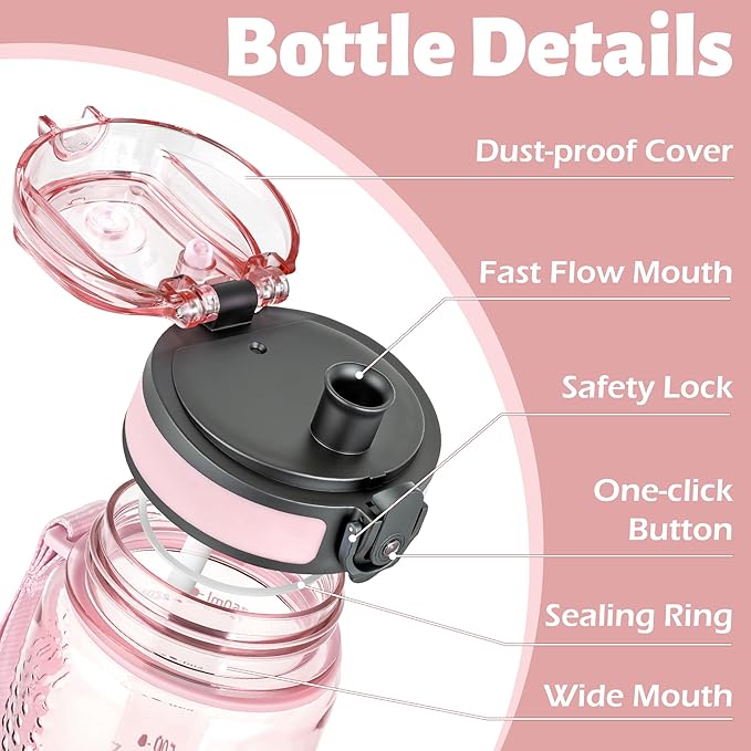 OLDLEY 25 oz Water Bottle, Motivational Water Bottle with Time Marker, Sports Water Bottle With Strap, Leakproof & BPA Free Large Water Bottles for School, Gym, Travel, Outdoor, Transparent Pink