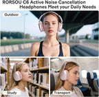 C6 Active Noise Cancelling Headphones, Wireless Over Ear Bluetooth Headphones, 60H Playtime, Lightweight Folding Deep Bass Comfort Fit Ear Cups Headset with Mic for iPad/PC/Home Rose Gold