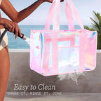 Fammart Iridescent Clear Beach Bag for Women, Jelly Tote Bag Waterproof Sandproof Pool Bag Cruise Vacation Essentials