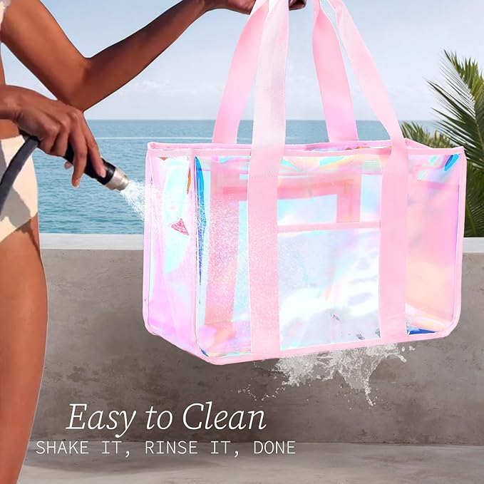 Fammart Iridescent Clear Beach Bag for Women, Jelly Tote Bag Waterproof Sandproof Pool Bag Cruise Vacation Essentials