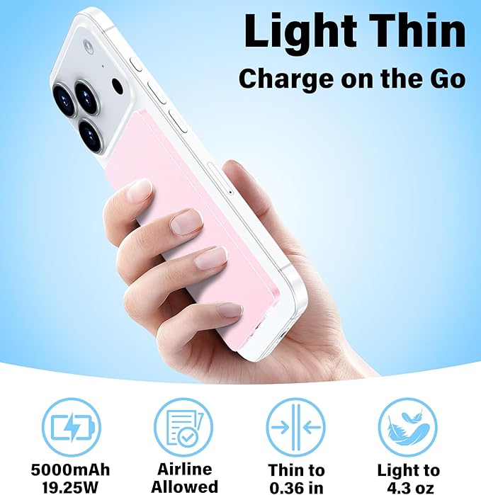 3-in-1 5000mAh for Magsafe Power Bank Thin Slim 22.5W Fast Charging Type C Magnetic Battery Pack Powerbank for Travel, Mini Wireless Portable Charger for iPhone 17 16 15 14 13 12 Watch Android, Pink