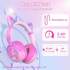 Kids Bluetooth Headphones with LED Cat Ears, Active Noise Cancelling Headphones for Kids, 85dB Volume Limited, 40H Play Time, Bluetooth 6.0, Fast Charging, Built-in Mic for iPad/Tablet/Airplane, Pink