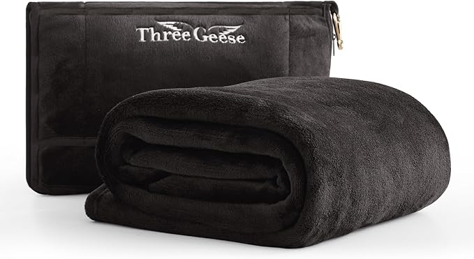 Three Geese 2-in-1 Travel Blanket and Pillow, Soft Flannel Airplane Throw Blanket and Pillow with Luggage Sleeve, 65x40inches, Portable Compact Design with Bag, Ideal for Travel Comfort.