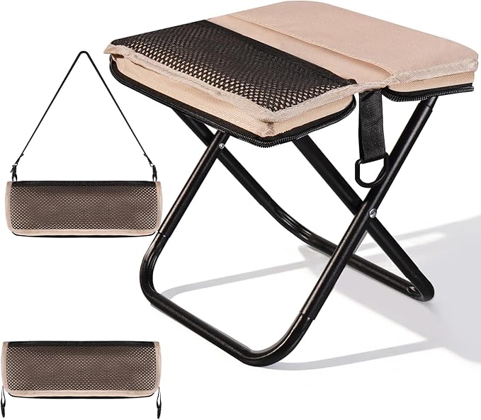 Ultra-Thin Portable Folding Stool - 1.97" Slim Fold, 0.99LB Lightweight, 200LB Capacity Camping Chair for Adults, Compact Collapsible Seat for Outdoor Fishing, Hiking, Events & Queue（Khaki）