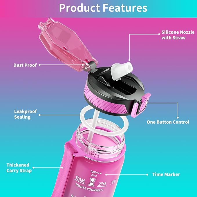 QLUR Water Bottle with Straw, 32oz Motivational Water Bottles with Time Marker to Drink, Tritan BPA Free, 1L Sports Water Bottle with Carry Strap LeakProof for Women Gym Fitness Outdoor (1 Pack)