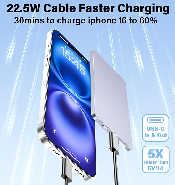 5000mAh for Magsafe Battery Pack Mini 22.5W Wireless Power Bank Fast Charging USB C in Out Power Pack, Magnetic Portable Charger Slim Powerbank for iPhone 17 16 15 14 13 Plus/ Pro/ Pro Max, Grey