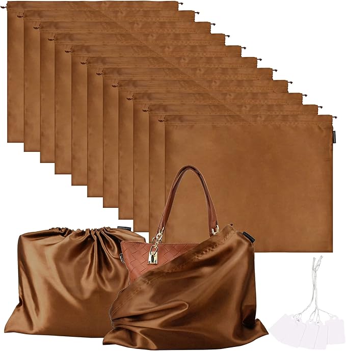 10 Pack Dust Bags for Purses and Handbags, Silk Dust Cover Storage Bag with Drawstring Travel Storage Pouch for Handbag Purse Shoes Boots (Brown, 23.6 × 19.6 in)