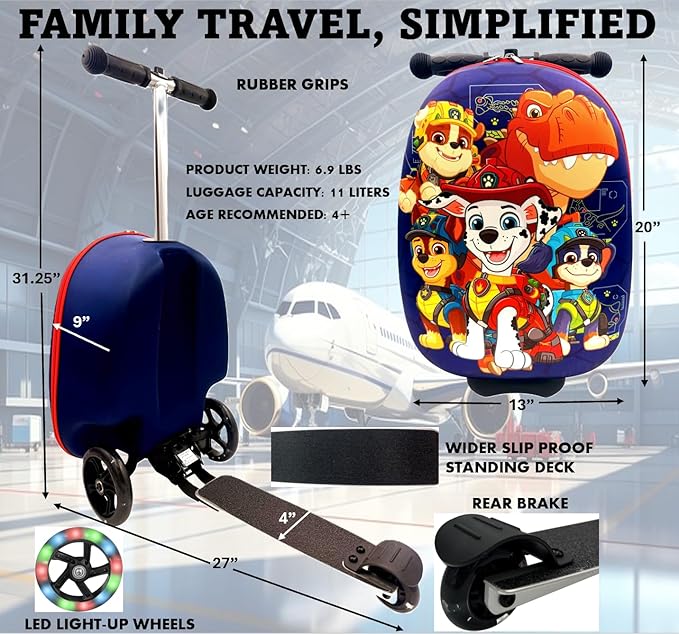 Fast Forward Nickelodeon Paw Patrol 2-in-1 Kids Scooter Suitcase & Ride-On Carry-On Luggage Lightweight Travel Case with Built-in Kick Scooter